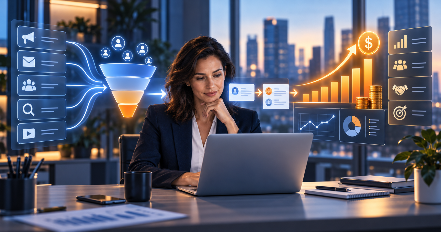 Profissional revisando checklist de auditoria com funil, automações, CRM e indicadores de marketing