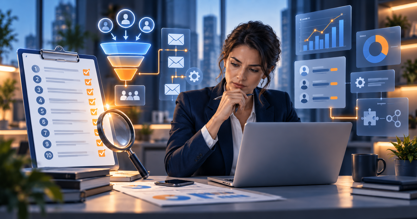 Profissional analisando e-mail, automação de marketing, CRM e oportunidades comerciais