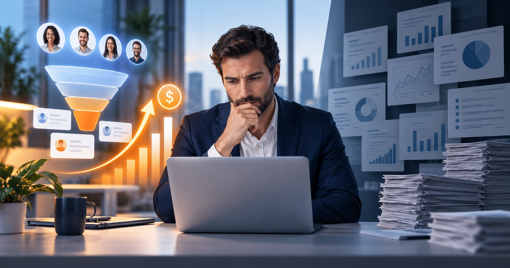 Empresário analisando se o RD Station gera leads, vendas ou apenas relatórios de marketing
