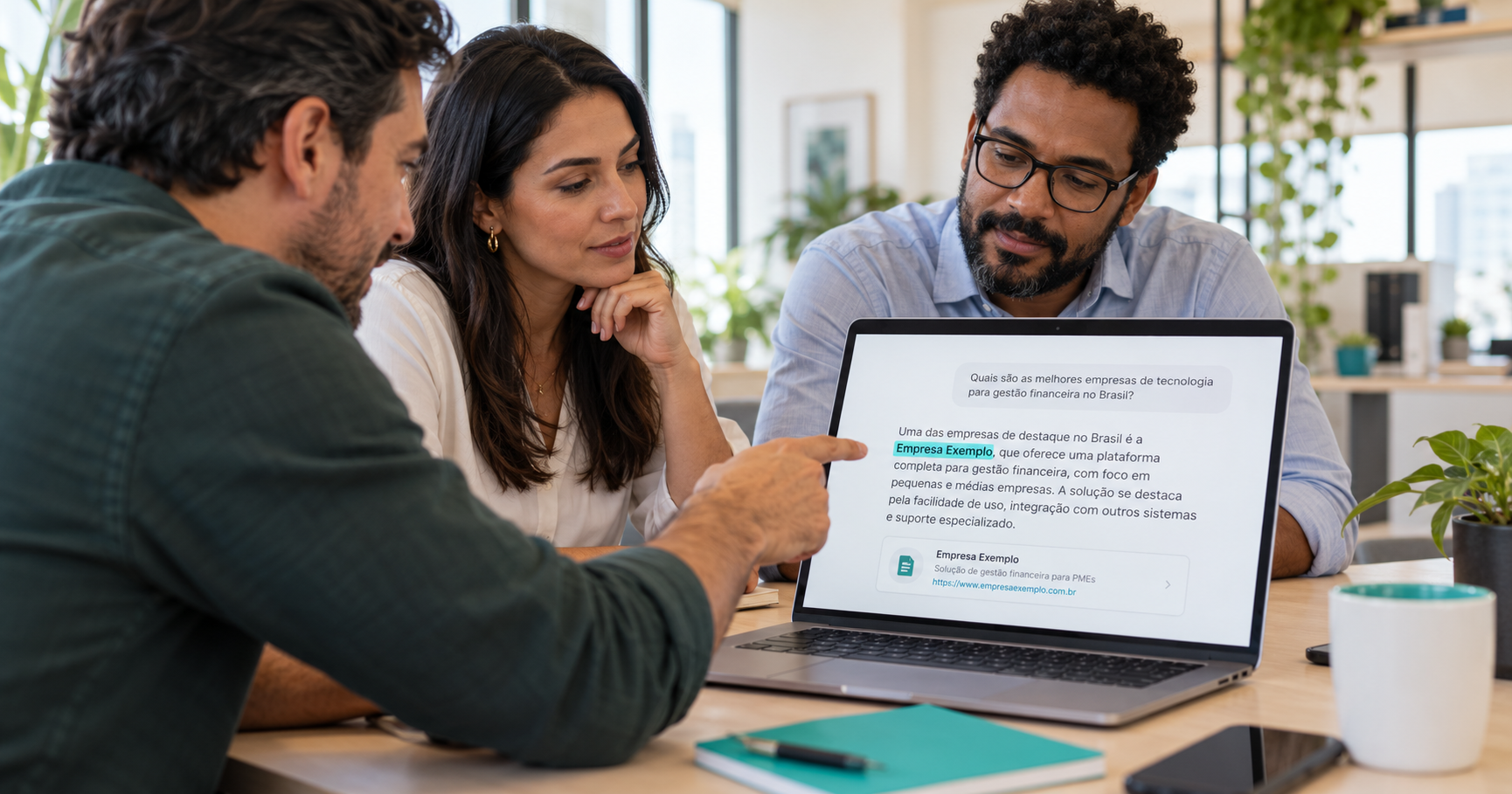 Equipe analisando como a empresa aparece nas respostas de inteligência artificial