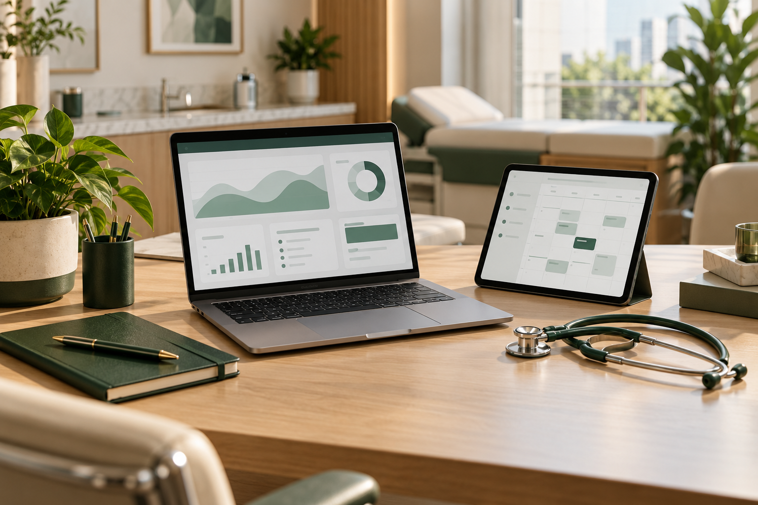 Notebook com painel de marketing, tablet com calendário e estetoscópio sobre uma mesa de consultório.